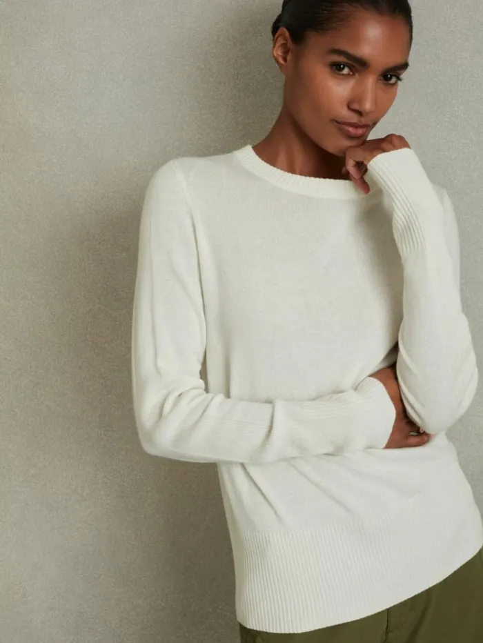 REISS Sweaters Women Wool Blend Crew Neck Jumper With Cashmere Cream