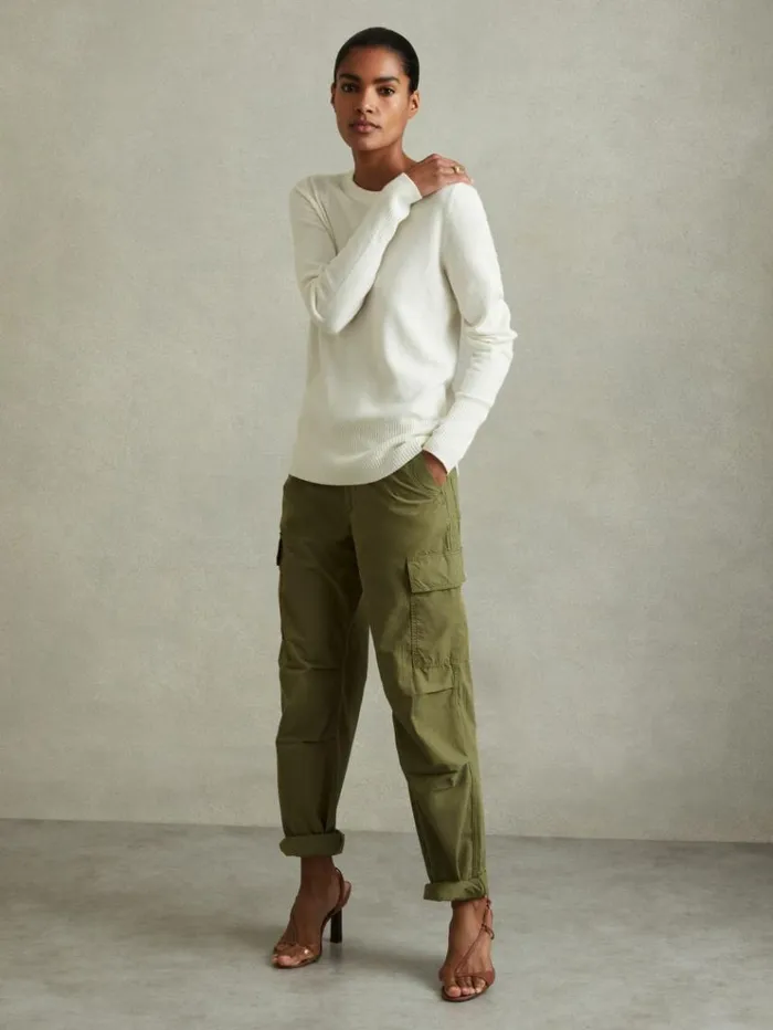 REISS Sweaters Women Wool Blend Crew Neck Jumper With Cashmere Cream