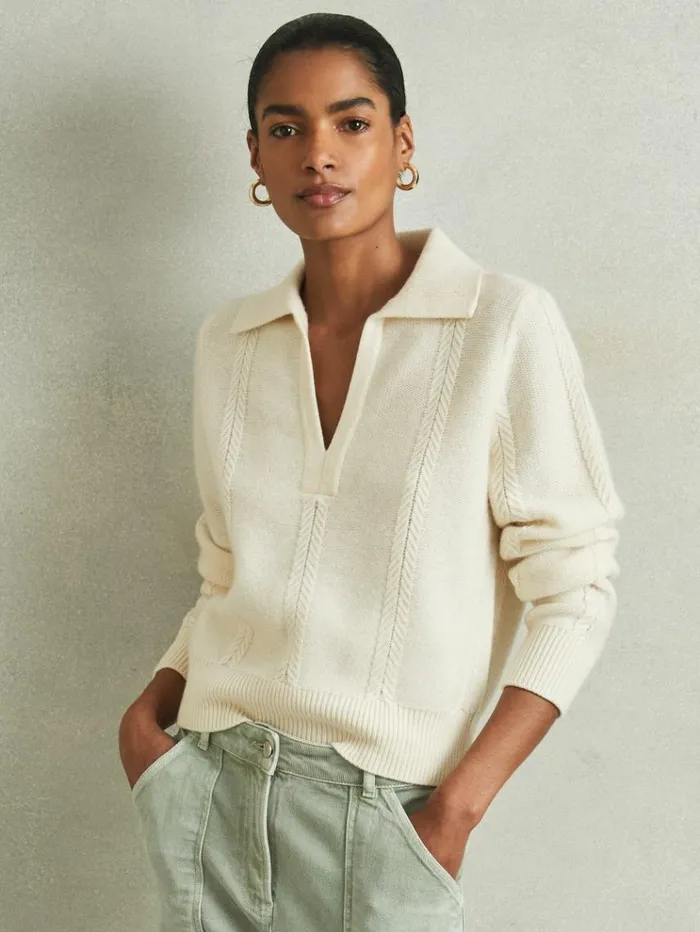 REISS Sweaters Women WoolCashmere Cropped OpenCollar Jumper Cream