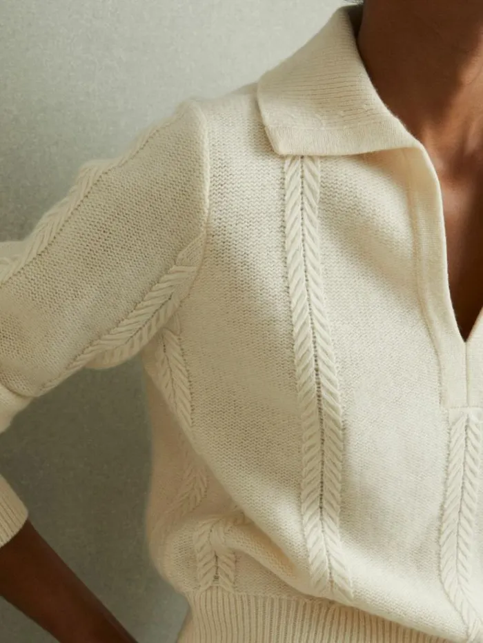 REISS Sweaters Women WoolCashmere Cropped OpenCollar Jumper Cream
