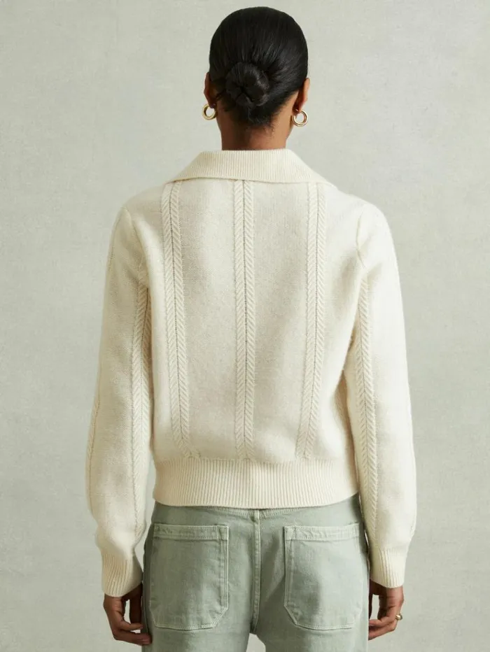 REISS Sweaters Women WoolCashmere Cropped OpenCollar Jumper Cream