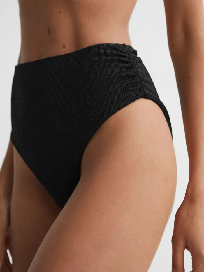 REISS Swimwear Women FELLA High Rise Ruched Bikini Bottoms Black
