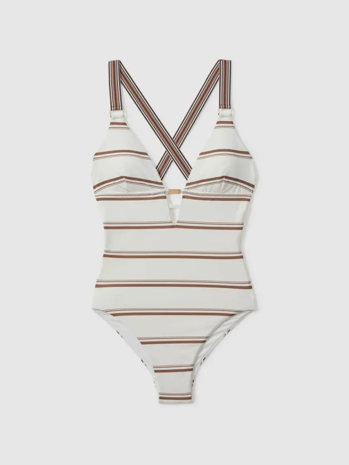 REISS Swimwear Women Striped CrossBack Swimsuit Creambrown
