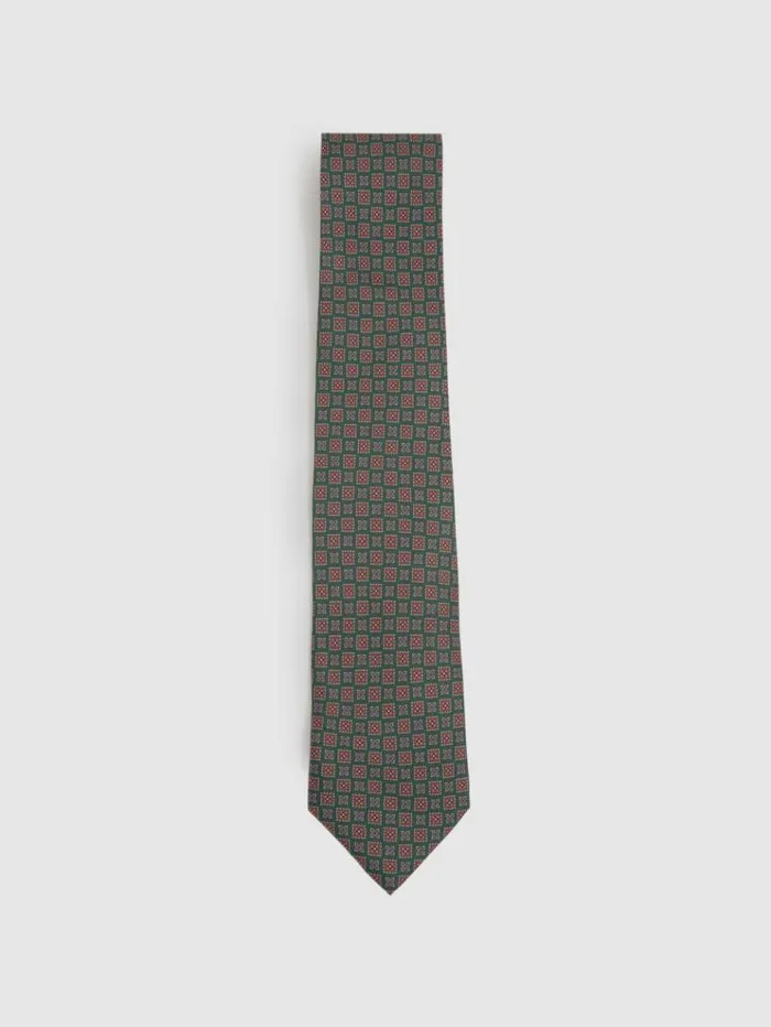 REISS Ties and Pocket Squares Men Silk Square Floral Tie Forest Green
