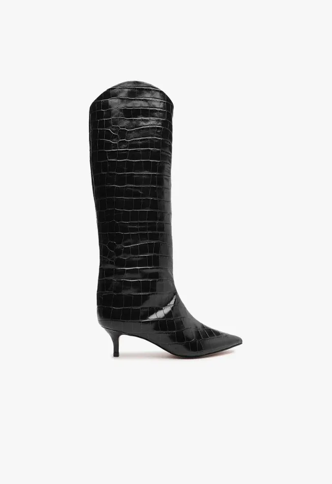 Schutz Shoes Boots Maryana Lo CrocodileEmbossed Leather Boot Black 8211 Women