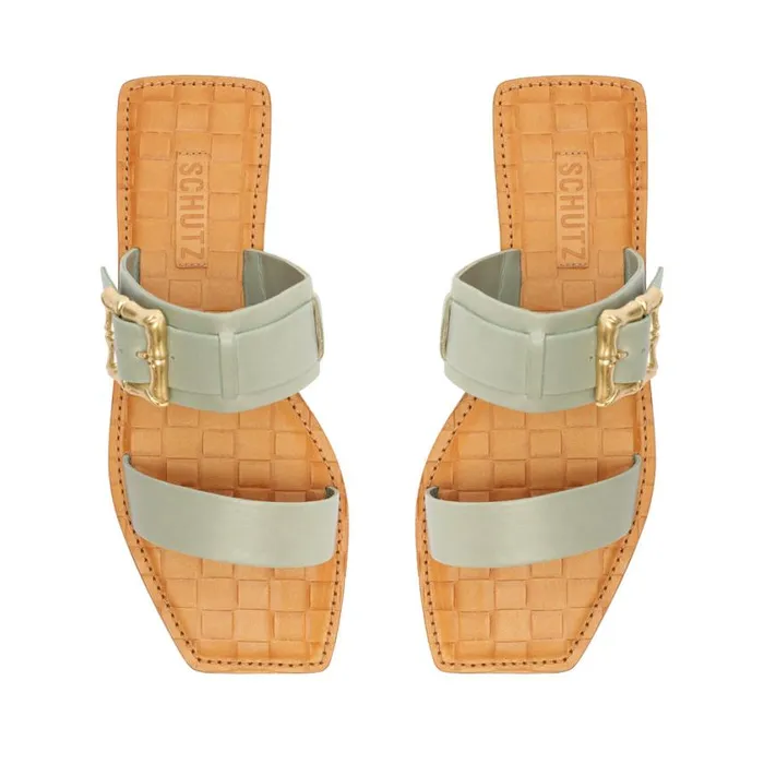 Schutz Shoes Flats Enola Double Leather Sandal Green 8211 Women