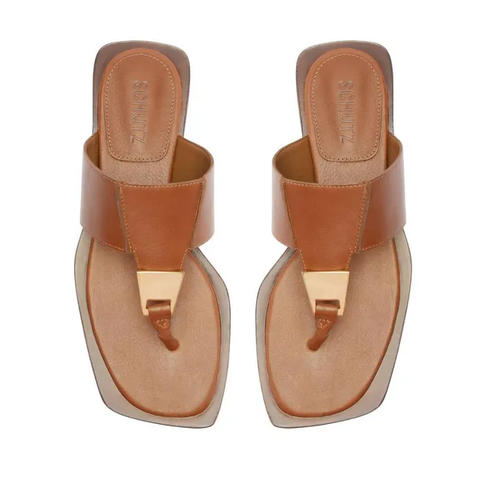 Schutz Shoes Flats Salma Metallic Leather Flat Sandal Caramel 8211 Women