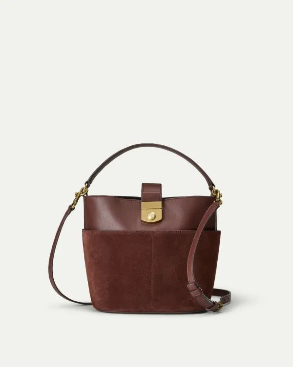 Small Crest Lock Suede Bucket Bag Chestnut Women Veronica Beard Handbags