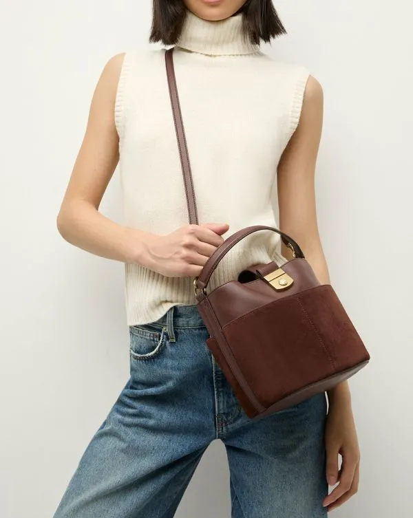 Small Crest Lock Suede Bucket Bag Chestnut Women Veronica Beard Handbags Small Crest Lock Suede Bucket Bag Chestnut Women Veronica Beard Handbags