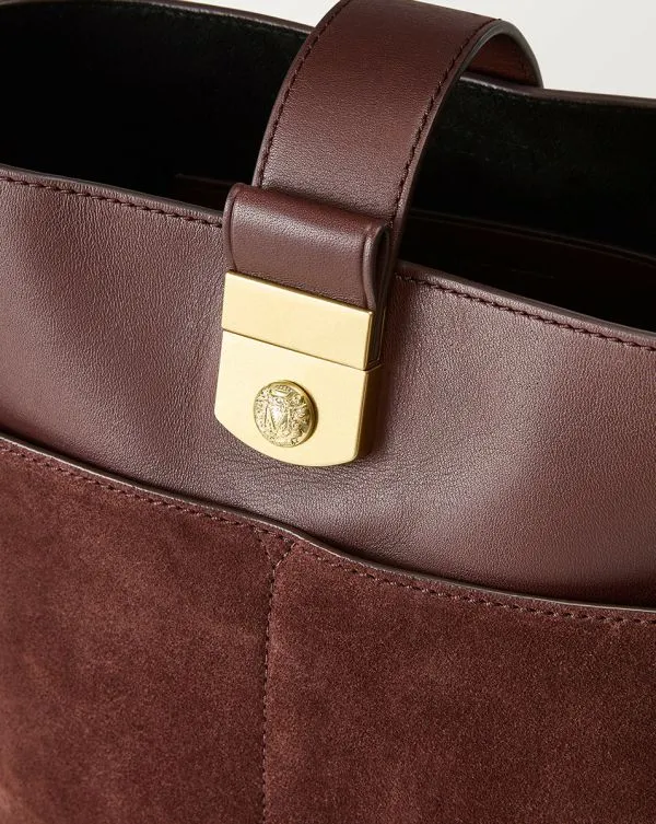 Small Crest Lock Suede Bucket Bag Chestnut Women Veronica Beard Handbags Small Crest Lock Suede Bucket Bag Chestnut Women Veronica Beard Handbags
