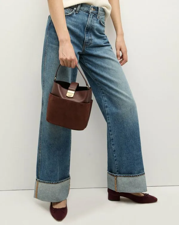 Small Crest Lock Suede Bucket Bag Chestnut Women Veronica Beard Handbags Small Crest Lock Suede Bucket Bag Chestnut Women Veronica Beard Handbags