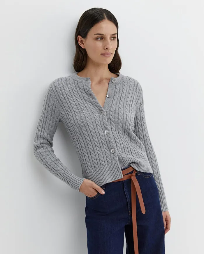 Sportscraft Cable Merino Cotton Cardigan Grey Melange Women Knits and Cardigans