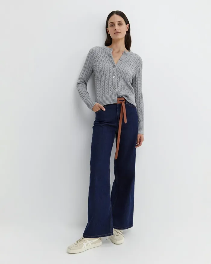 Sportscraft Cable Merino Cotton Cardigan Grey Melange Women Knits and Cardigans