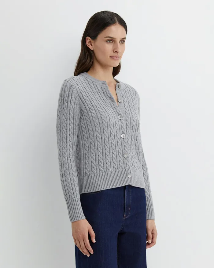 Sportscraft Cable Merino Cotton Cardigan Grey Melange Women Knits and Cardigans