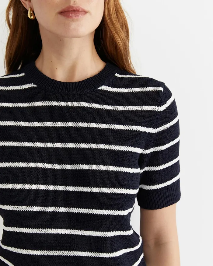 Sportscraft Josie Tape Yarn Crew Knit Navywhite Women Knits and Cardigans