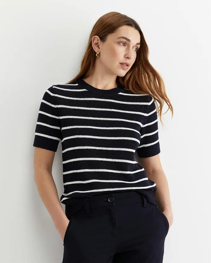 Sportscraft Josie Tape Yarn Crew Knit Navywhite Women Knits and Cardigans