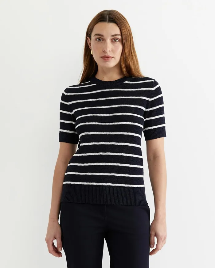 Sportscraft Josie Tape Yarn Crew Knit Navywhite Women Knits and Cardigans