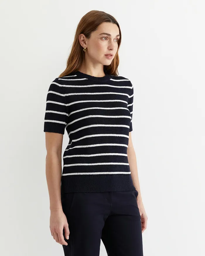 Sportscraft Josie Tape Yarn Crew Knit Navywhite Women Knits and Cardigans