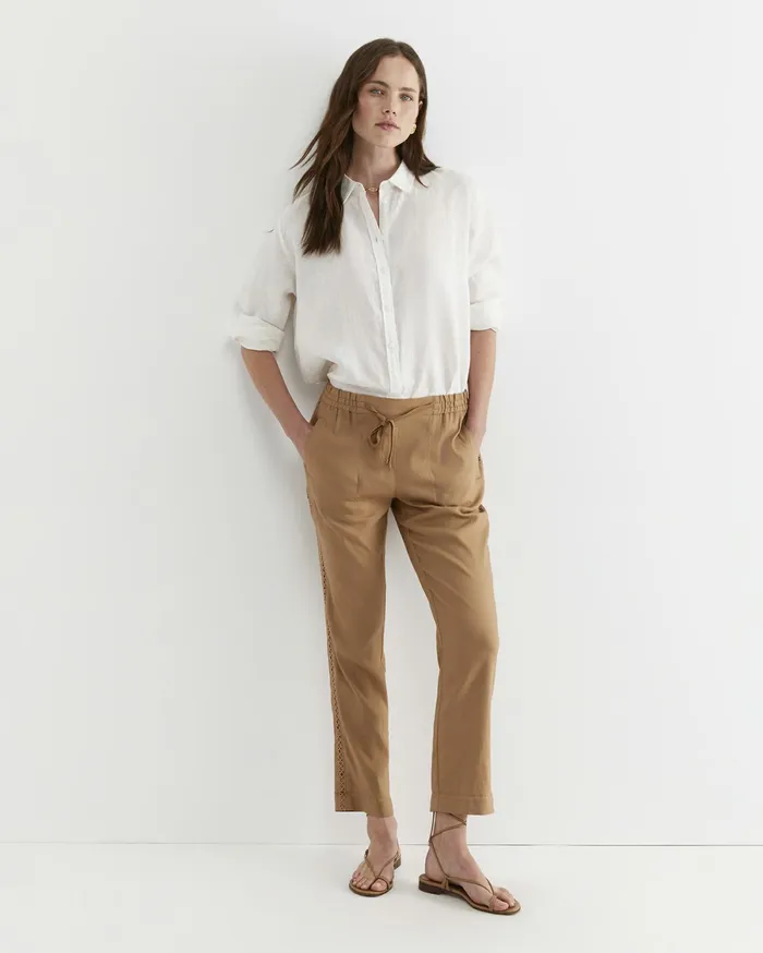 Sportscraft Rosa Lace Trim Linen Pant Tan Women Pants