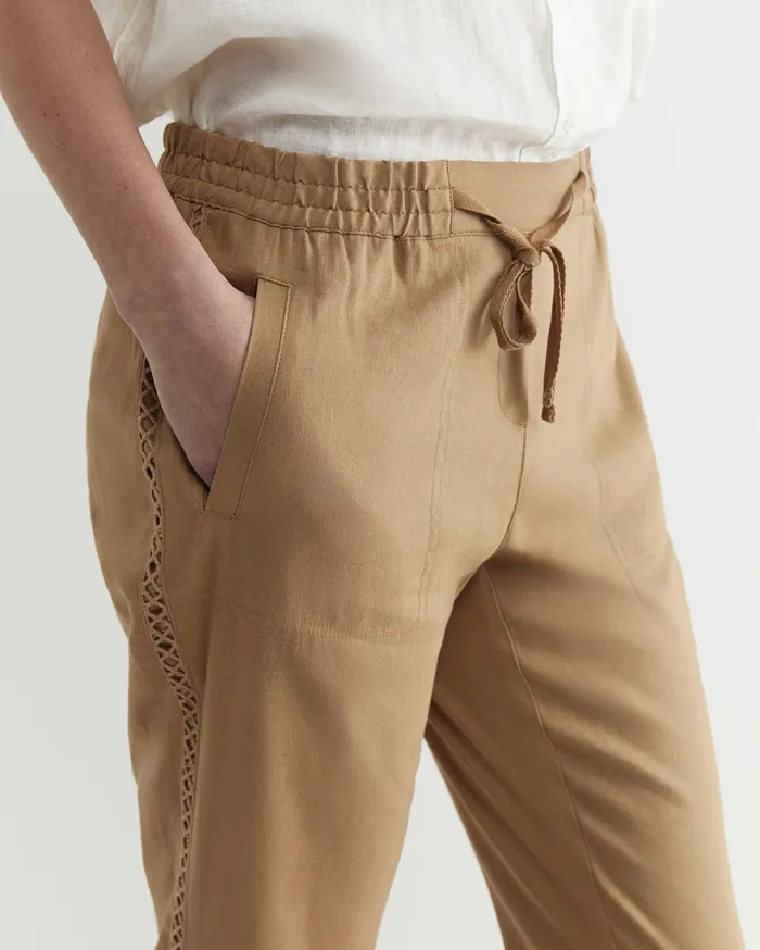 Sportscraft Rosa Lace Trim Linen Pant Tan Women Pants