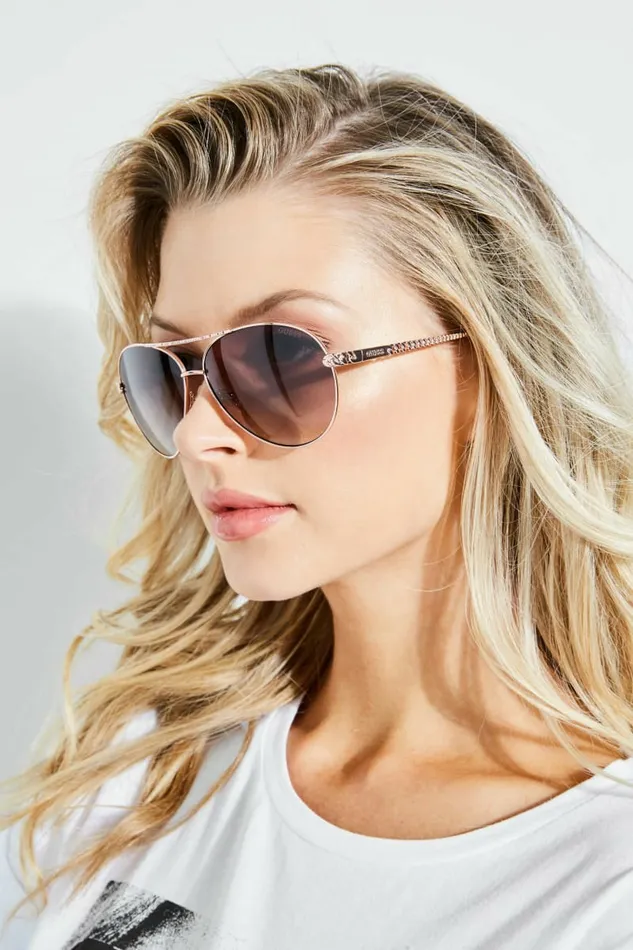 Sunglasses GUESS Women Catherine Rhinestone Aviator Sunglasses Rose Gold