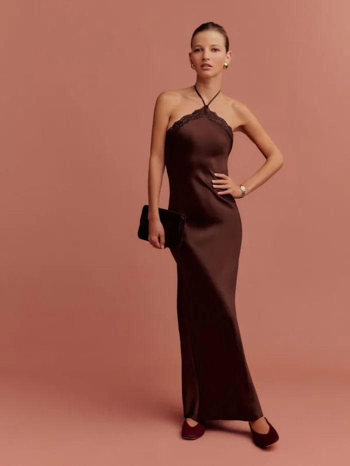 The Reformation Aara Silk Dress Mahogany 8211 ClothingWeddings