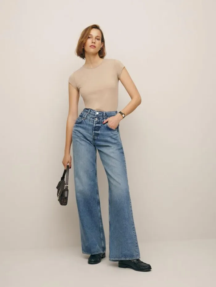 The Reformation Cary Double Waistband High Rise Slouchy Wide Leg Jeans Rainy 8211 Clothing