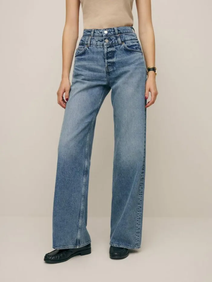 The Reformation Cary Double Waistband High Rise Slouchy Wide Leg Jeans Rainy 8211 Clothing