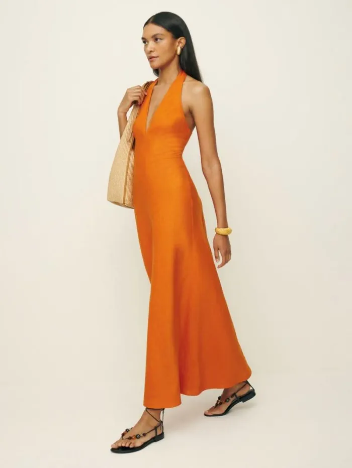The Reformation Delilah Linen Dress Nectarine 8211 Clothing