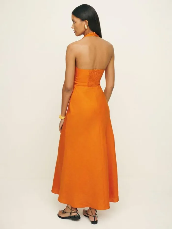 The Reformation Delilah Linen Dress Nectarine 8211 Clothing