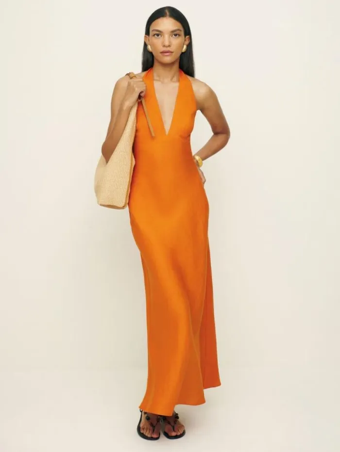 The Reformation Delilah Linen Dress Nectarine 8211 Clothing