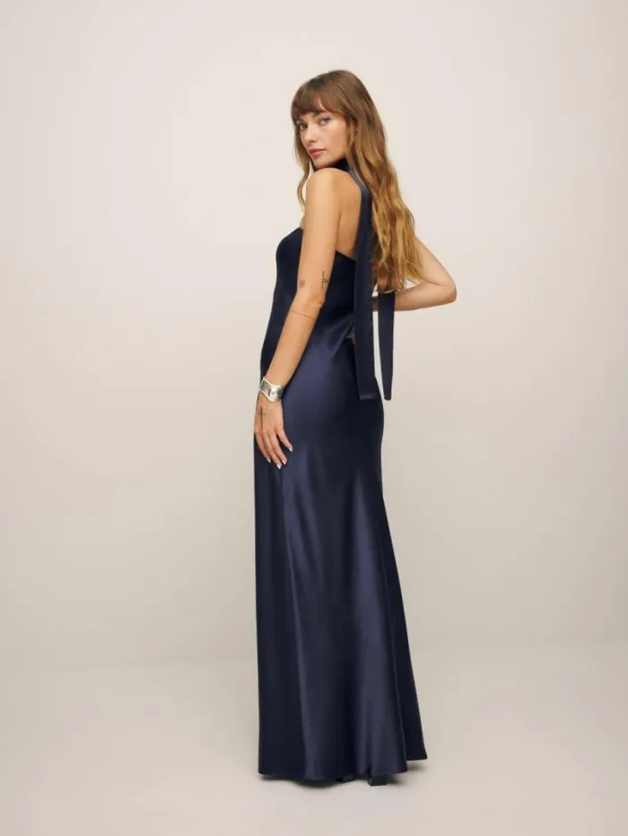 The Reformation Oren Silk Dress Navy 8211 Weddings