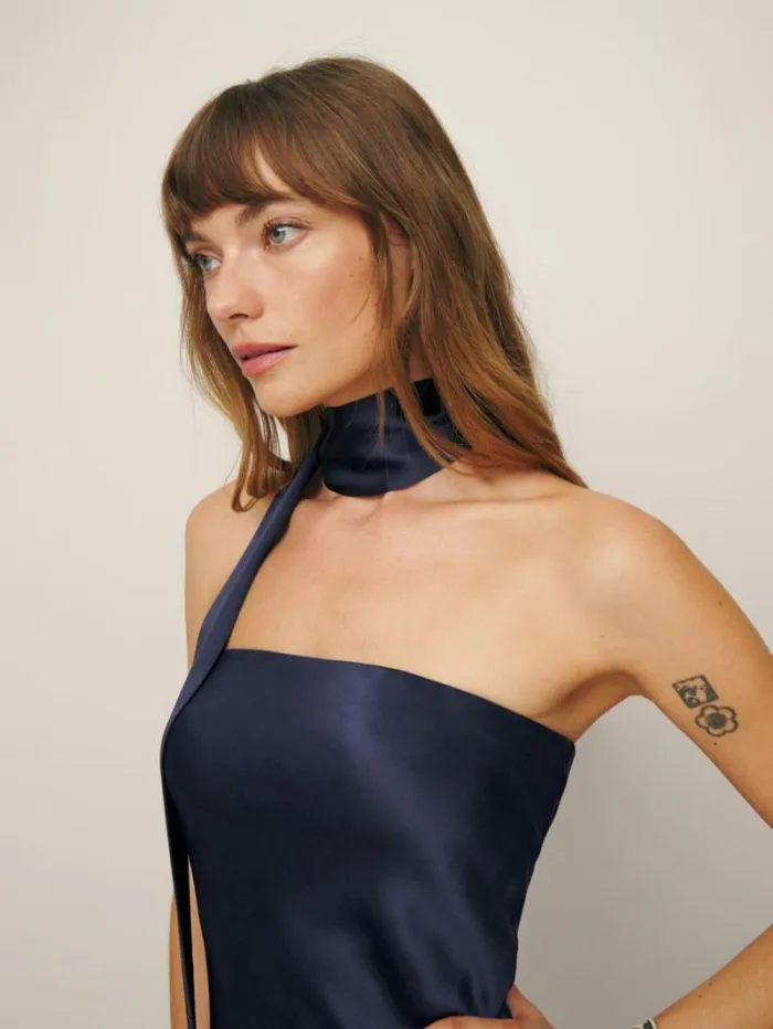The Reformation Oren Silk Dress Navy 8211 Weddings