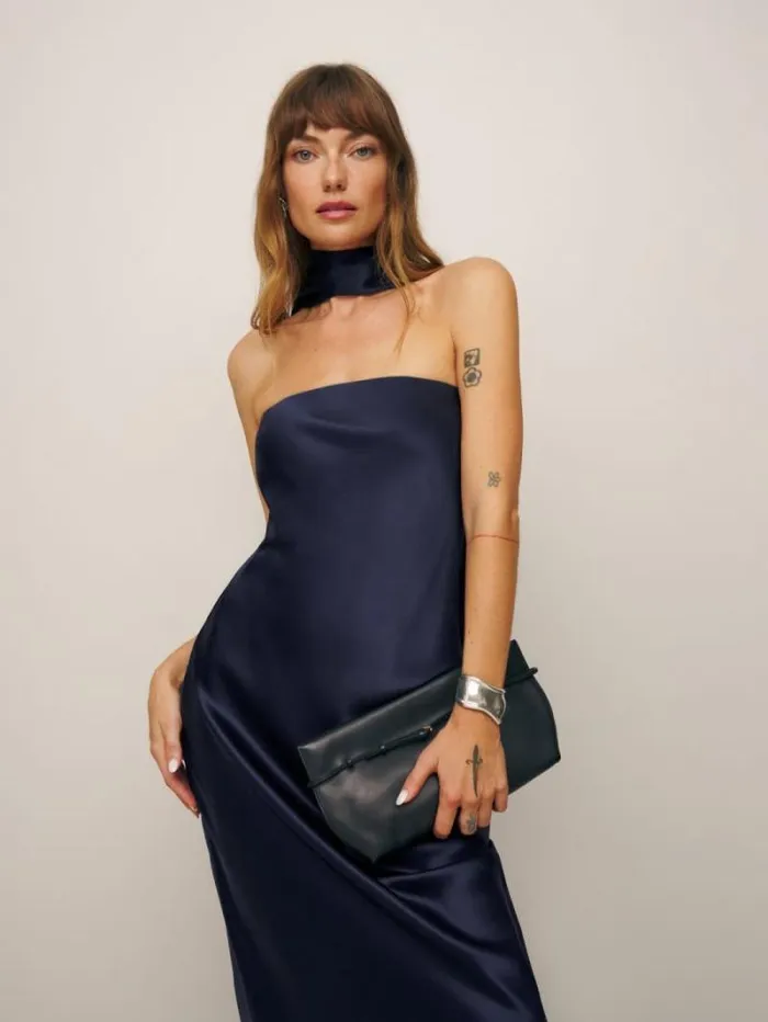 The Reformation Oren Silk Dress Navy 8211 Weddings