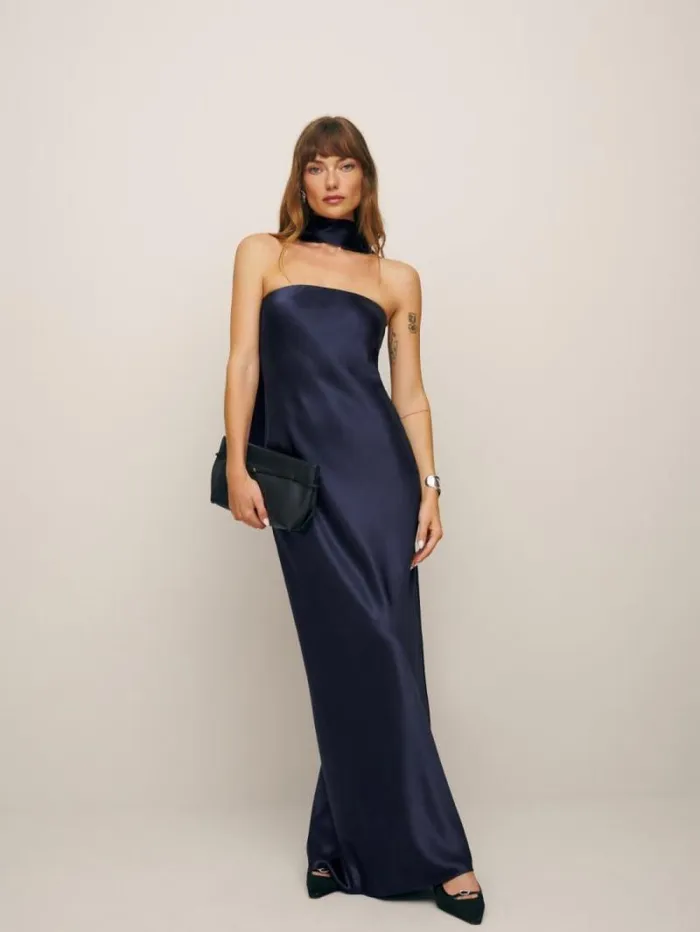 The Reformation Oren Silk Dress Navy 8211 Weddings