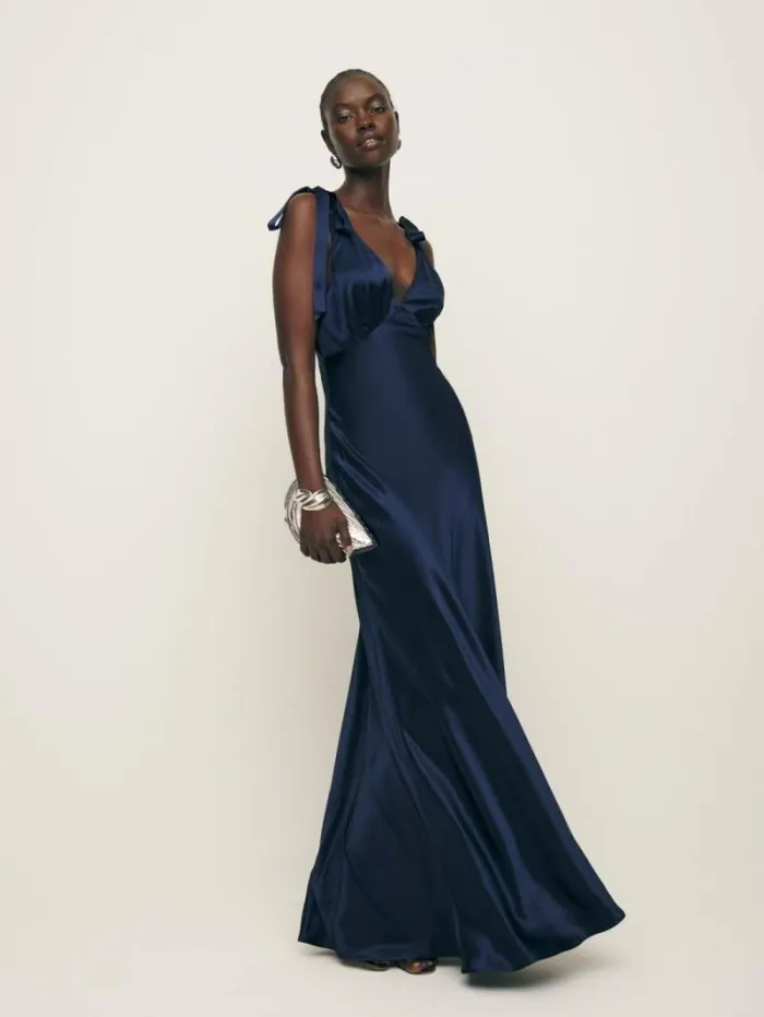 The Reformation Pernille Silk Dress Navy 8211 Weddings