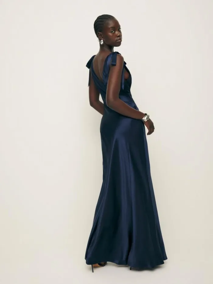 The Reformation Pernille Silk Dress Navy 8211 Weddings