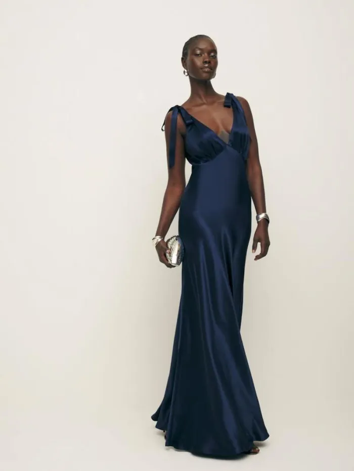 The Reformation Pernille Silk Dress Navy 8211 Weddings