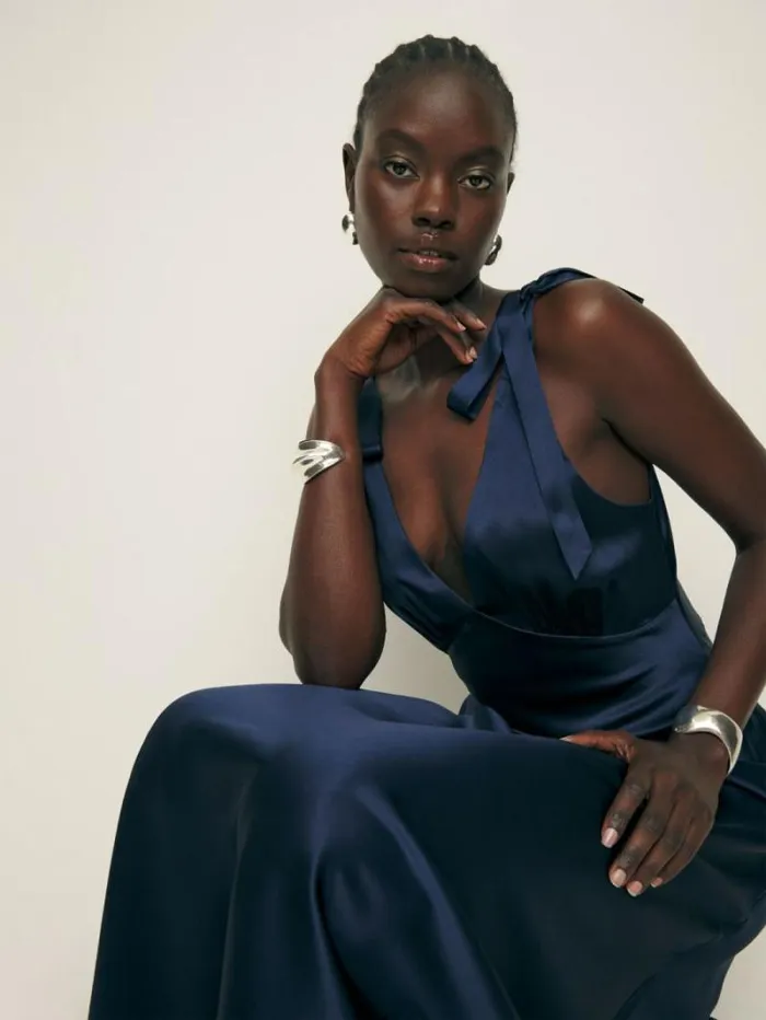 The Reformation Pernille Silk Dress Navy 8211 Weddings