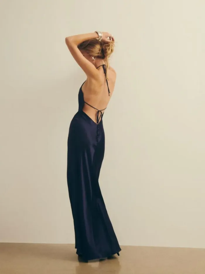 The Reformation Petites Jeany Silk Dress Navy 8211 ClothingWeddings