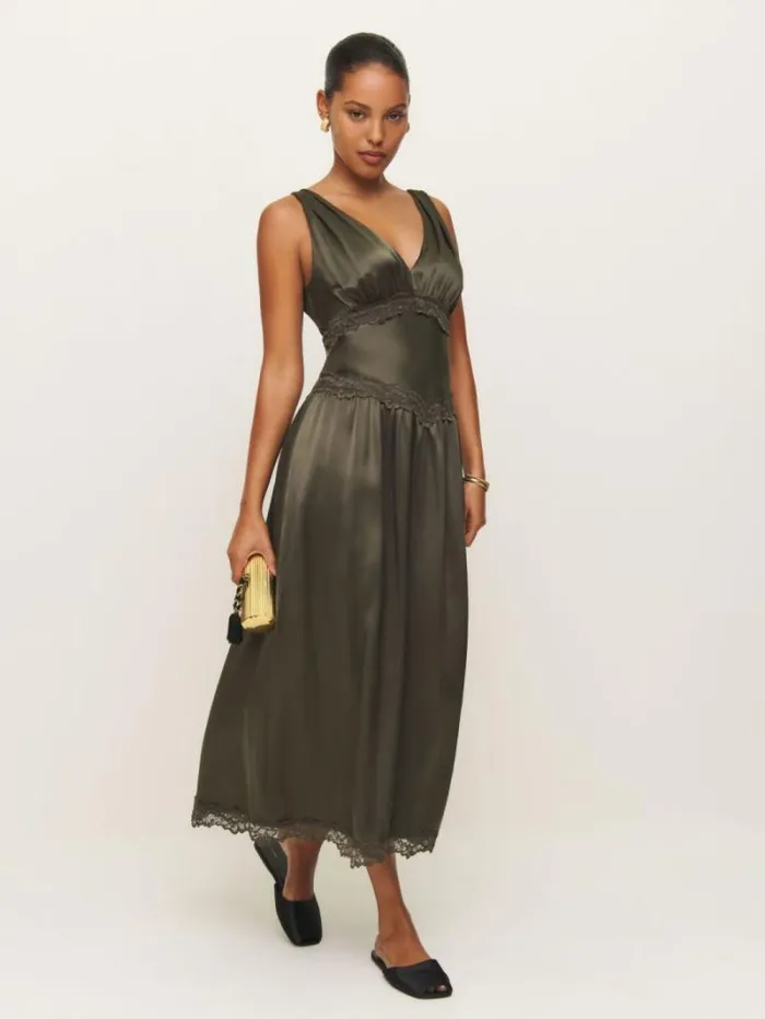The Reformation Stasia Silk Dress Pine Tree 8211 ClothingWeddings