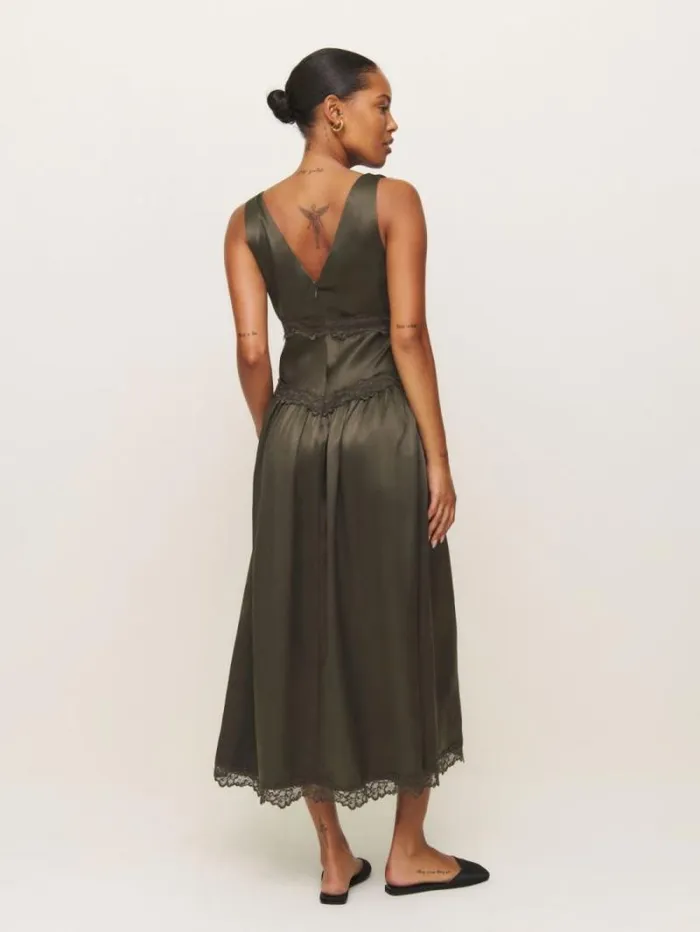The Reformation Stasia Silk Dress Pine Tree 8211 ClothingWeddings