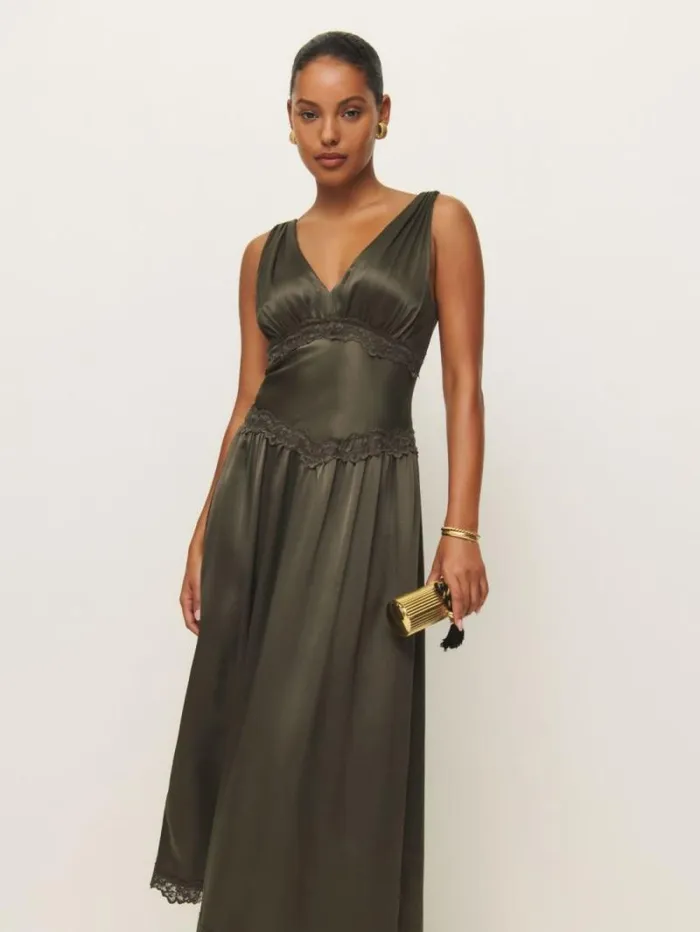 The Reformation Stasia Silk Dress Pine Tree 8211 ClothingWeddings