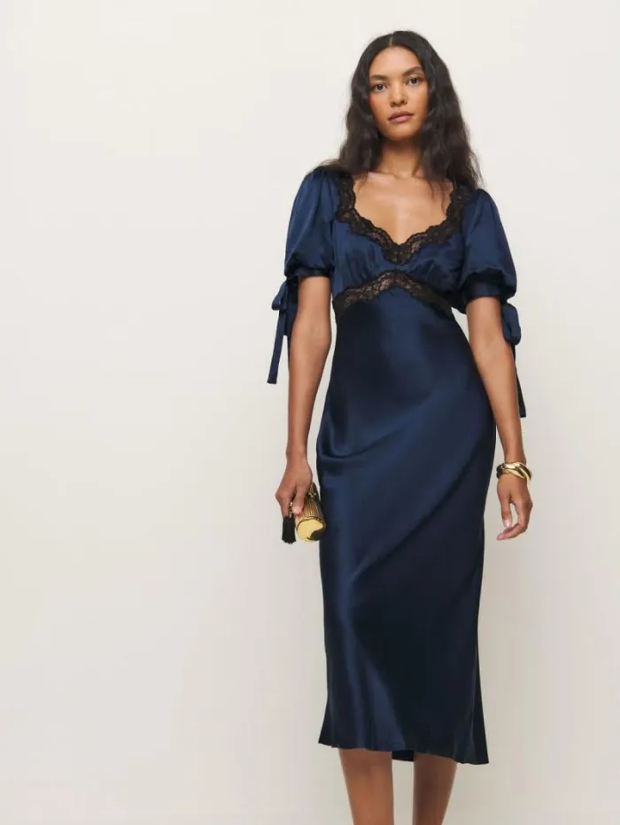The Reformation Stella Silk Dress Navy 8211 Clothing