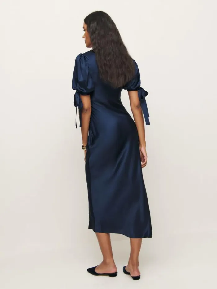 The Reformation Stella Silk Dress Navy 8211 Clothing