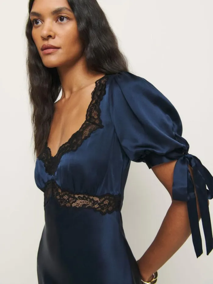 The Reformation Stella Silk Dress Navy 8211 Clothing
