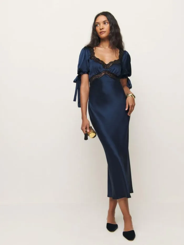 The Reformation Stella Silk Dress Navy 8211 Clothing