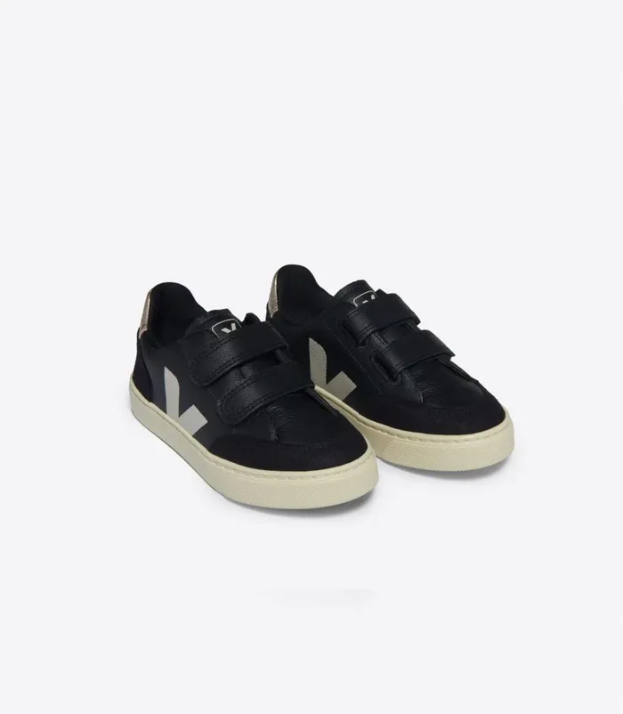 VEJA V12 CHROMEFREE LEATHER BLACK WHITE PLATINE Kids V12