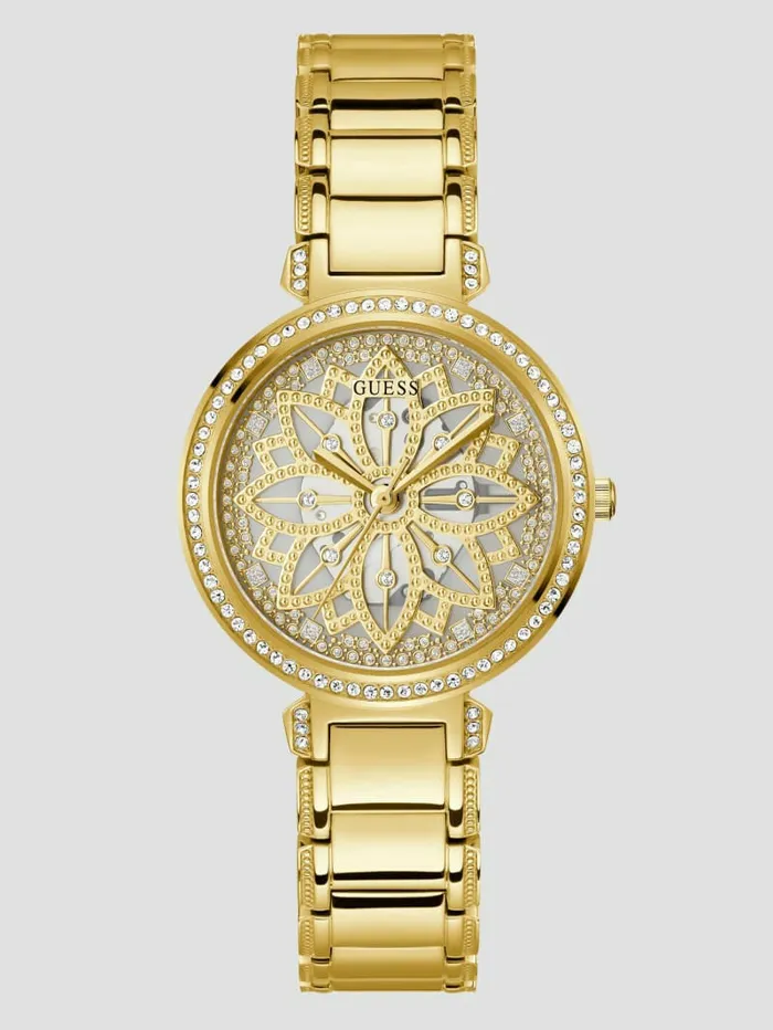Watches GUESS Women GoldTone Floral CutThrough Analog Watch Gold