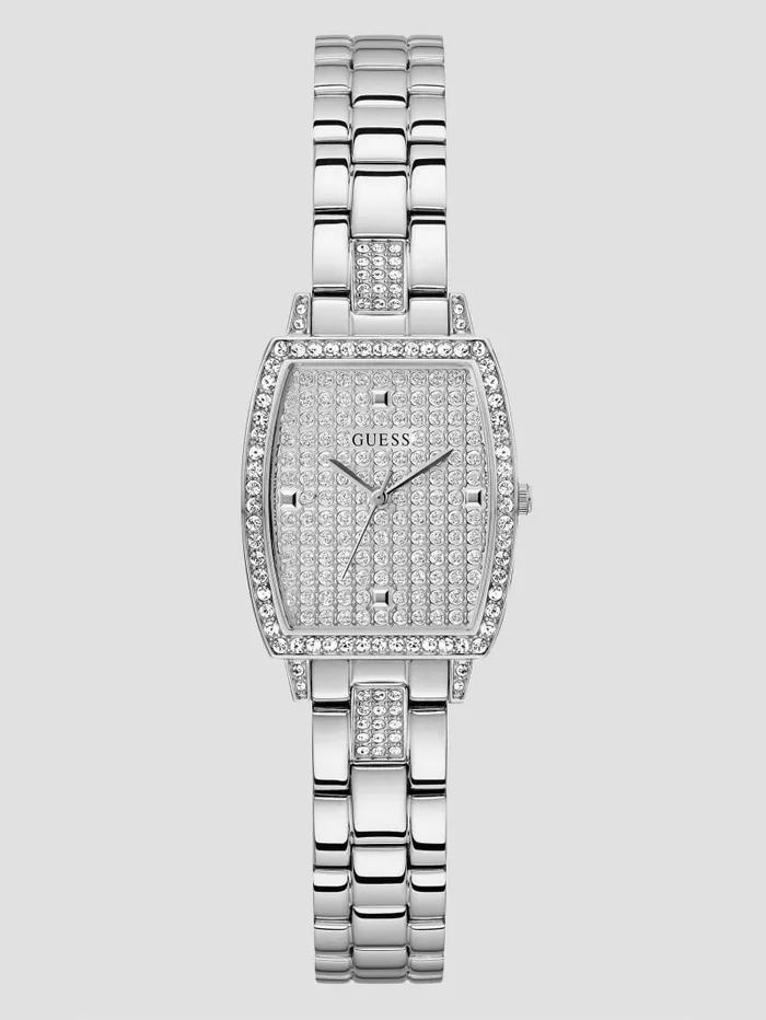 Watches GUESS Women SilverTone Crystal Barrel Analog Watch Silver